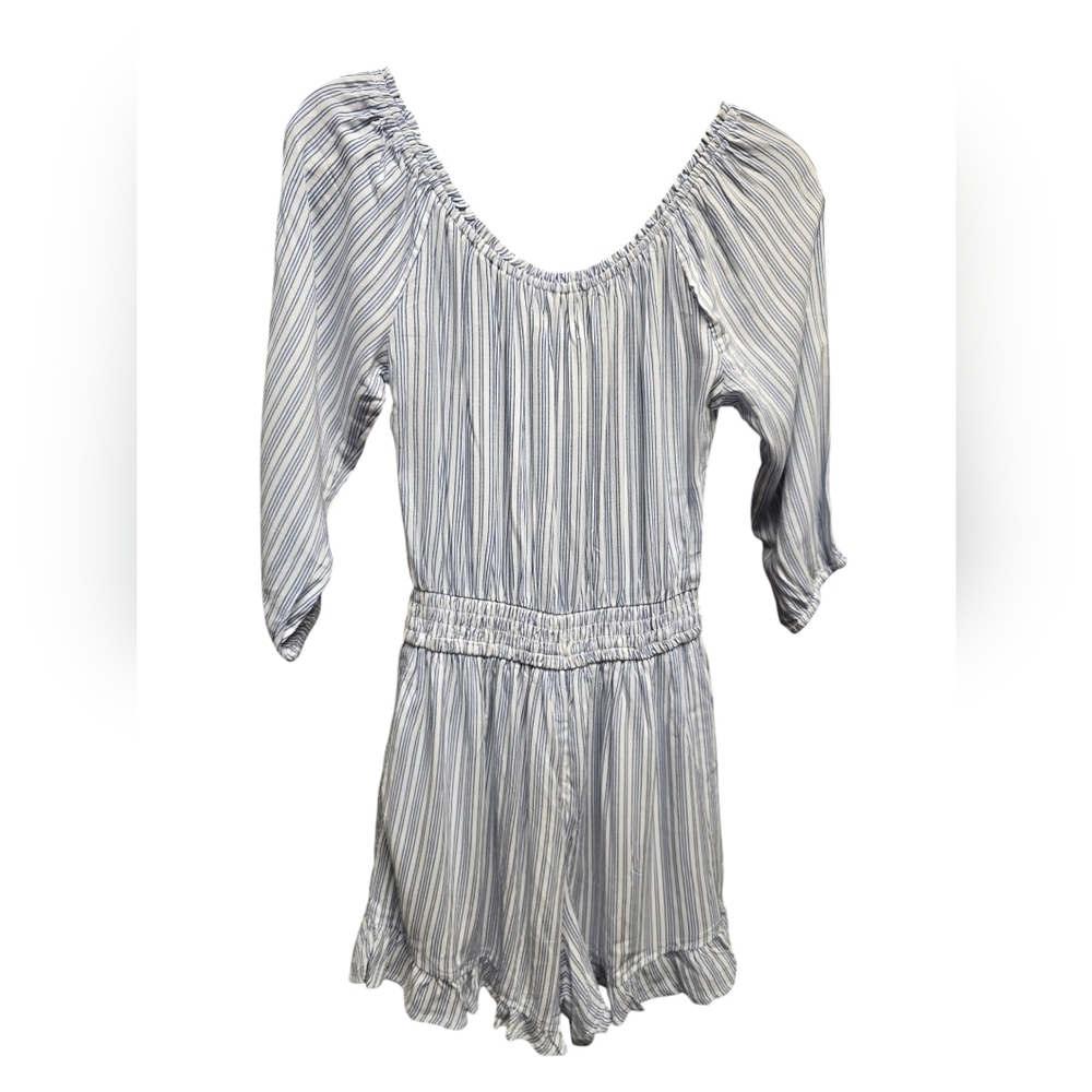 Hollister Romper with Pockets, Viscose, Lined, Ruffle Hem, White & Blue, Sz.L